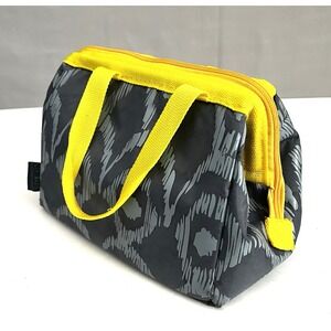 LIFOAM Insulated Lunch Bag Gray Ikat Yellow Trim‎ Cooler Bag Wide Mouth